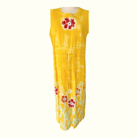 VTG 90s Campers Handpainted Floral Yellow Long Maxi Dress Flowers Teacher - Picture 1 of 12